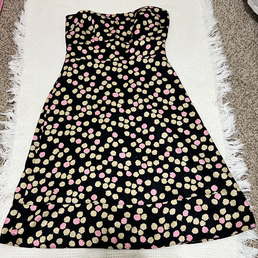 J. Crew Black 100% Silk Strapless Fit and Flare Dress Cream Pink Print Size 4